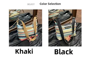 Detailed comparison of rainbow striped straw bags with khaki and black leather straps