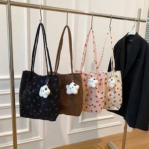 Women Large Capacity Corduroy Tote Bag Strawberry Print Shoulder Bag Casual Handbag Sweet Fresh Style Shopping Bag