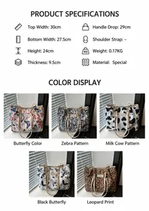 Detailed size specifications for canvas tote bag with butterfly and animal prints