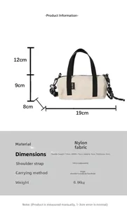 Tableau détaillé des tailles montrant les dimensions du mini sac cylindre en nylon beige