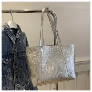 Detailed view of silver large tote bag featuring crocodile pattern and metallic texture
