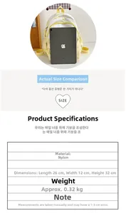 Size comparison of a nylon backpack with iPad and detailed product specifications