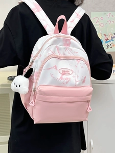 Pink and white minimalist nylon backpack with ink texture and cute plush rabbit charm