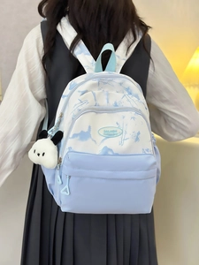 Minimalist blue and cream college backpack for women featuring panda charm and scenic print