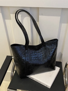 Retro black crocodile embossed faux leather tote bag for women with shiny finish