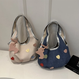 Sac à Épaule Femme Coréen avec Écussons Cœur Petit Sac Cabas en Toile Denim avec Charme Animal Liseré Argenté Sac à Main Décontracté