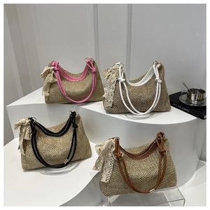 Women Large Capacity Straw Woven Shoulder Bag Sweet Lace Bow Summer Beach Handbag French Style Casual Tote Bag