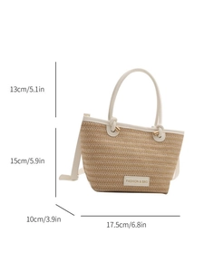 Dimensions détaillées du sac fourre-tout en paille avec anses en cuir blanc et étiquette
