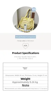 Detailed size chart for yellow nylon tote bag featuring a clear PVC front pocket and strap