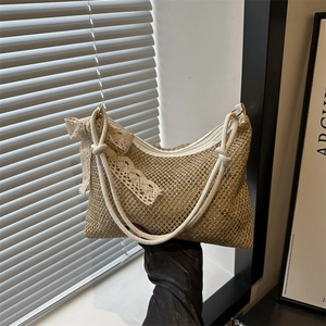 French style woven straw beach bag with lace bow and rope straps for summer women