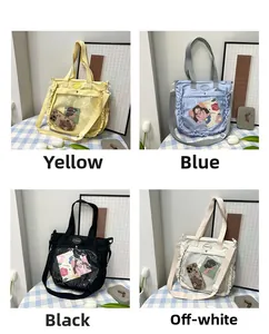 Collage showing four colors of canvas itabag tote bags with clear display pockets