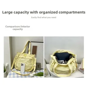 Detail view of yellow tote bag showing large capacity for tablets and books