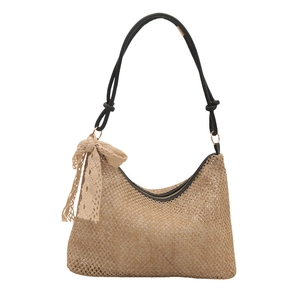 Summer 2024 khaki woven straw beach bag with black strap and white lace bow detail