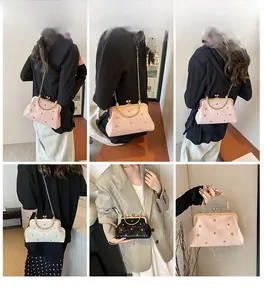 Collage of chic retro kiss-lock bag with heart rivets and gold chain shown on a model