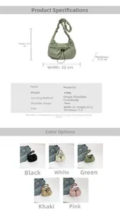 Detailed size specifications and color options for the stylish nylon tote bag