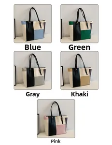 Detail view of five candy-colored patchwork tote bags in matte leather with black straps