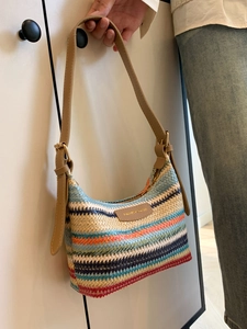 Rainbow woven shoulder bag with leather strap and colorful summer striped texture