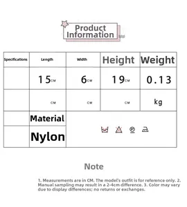 Size chart for the small nylon bow bag showing dimensions 15x6x19cm and 0.13kg weight