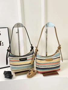 Rainbow woven straw hobo bag for women with leather label and adjustable shoulder strap