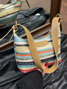 Summer rainbow woven crossbody bag with colorful stripes and wide leather shoulder strap