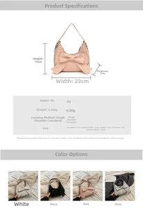 Detailed size chart for Korean bow shoulder bag showing dimensions and PU fabric texture