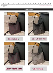 Detail view of four canvas tote bags with heart, bow, polka dot and star patterns