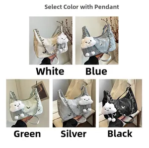 Multi-color butterfly tote bags in white blue green silver and black with chain details