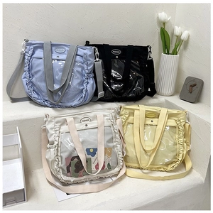 Large Capacity Women Nylon Tote Bag With Transparent PVC Pocket Ruffle Trim Shoulder Bag Ita Bag For School Student Handbag
