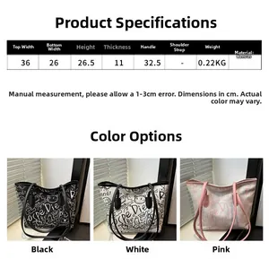 Detailed size guide and parameter chart for the graffiti canvas tote bag in three colors