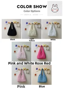 Detailed color show of pleated popcorn fabric shoulder bags with cute rabbit embroidery