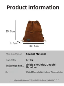 Close-up of brown corduroy drawstring backpack with cream rope and Fashion label detail