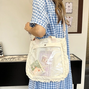 Cute beige canvas tote bag with ruffles and transparent PVC window for pins