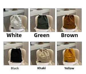 Collage of corduroy drawstring backpacks in white green brown black khaki and yellow