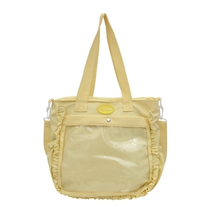 Cute yellow canvas tote bag with ruffled edges and transparent front pocket for students