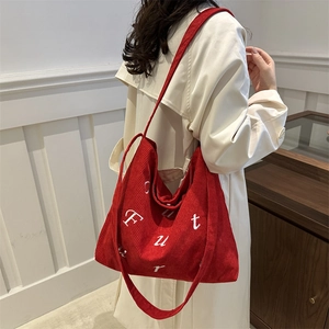 Large Capacity Corduroy Tote Bag For Women Casual Street Style Letter Embroidered Shoulder Bag Student School Handbag