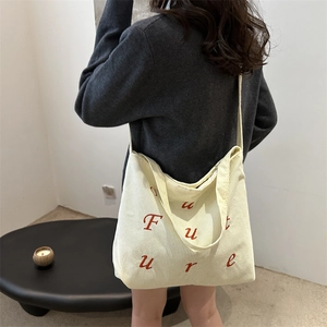Large capacity corduroy tote bag in off-white with red Future embroidery for women