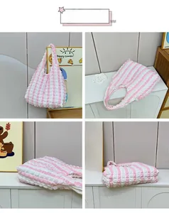 Detail view of pink and white striped bubble cotton tote bag with pleated texture