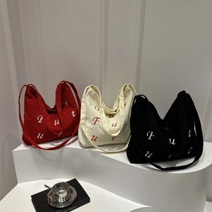Three corduroy tote bags in red, beige and black with Future embroidery and large capacity