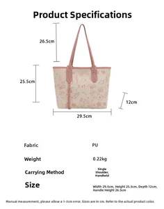 Detailed size chart of contrast color tote bag with cute cartoon prints and PU material