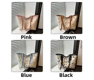 Collage of four stylish canvas tote bags in pink, brown, blue and black with cartoon prints