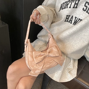 Fashionable Bow Tie Hobo Bag For Women PU Leather Marble Pattern Shoulder Bag Crescent Underarm Bag Street Style Trendy Purse