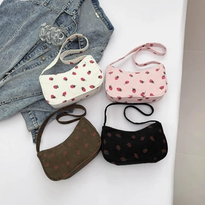 Sac Sous le Bras en Velours Côtelé pour Femmes Imprimé Fraise Petit Style Doux et Frais Sac à Bandoulière avec Fermeture Éclair pour Streetwear Quotidien