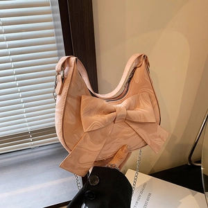 Pink crescent shoulder bag with large bow and marble texture with silver chain