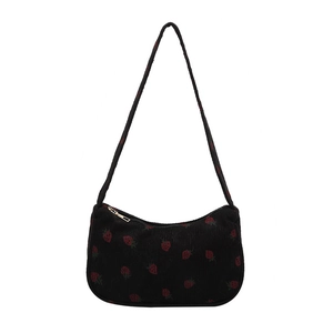 Sac à bandoulière vintage en velours côtelé avec motif fraise et fermeture éclair