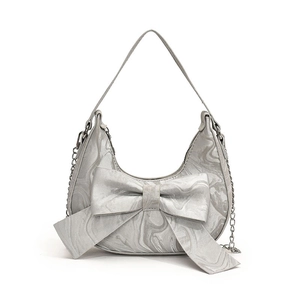 Chic marble pattern hobo bag with large bow detail and metal chain strap in silver gray