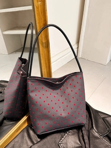 Korean Style Women Canvas Underarm Shoulder Bag Polka Dot Bow Printed Casual Commuter Bucket Tote Handbag