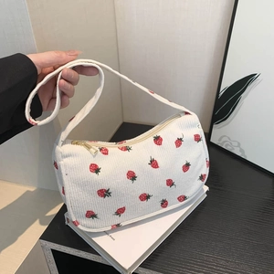 Erdbeerdruck Segeltuch Halbmond Unterarmtasche Retro Süßen Stil Schulter Umhängetasche Für Damen Daily Fashion Bag