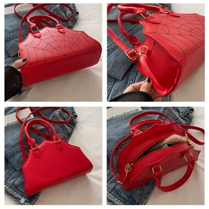 Detailed views of red spider web PU leather handbag with stitching and adjustable strap