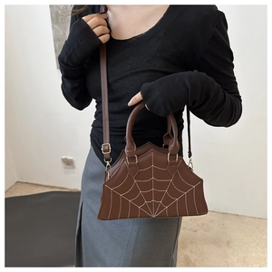 Gothic style dark brown spider web embroidery handbag with golden hardware detail