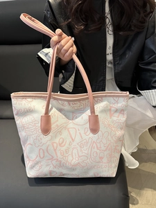Pink graffiti canvas tote bag with cat patterns and large capacity for women
